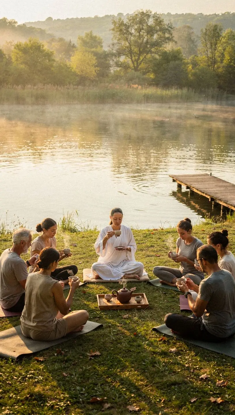 Teázás közben olvasott könyv, a pihenés élményét hangsúlyozva.
